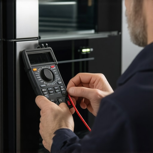 Technician using multimeter on oven control panel for diagnostics.