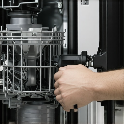 Person checking dishwasher drain pump and filter for blockages