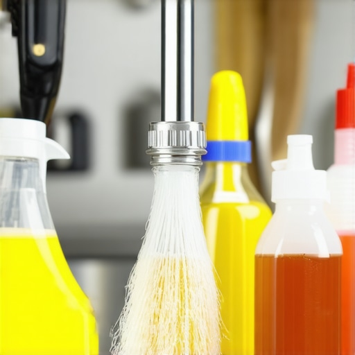 Close-up of hands cleaning dishwasher spray arm with brush and vinegar.