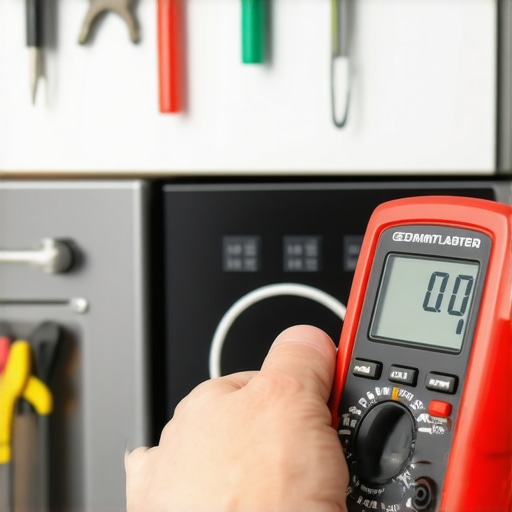 Person testing oven electrical component with a multimeter in a workshop