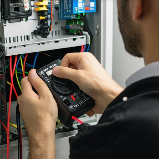 Technician inspecting appliance wiring with multimeter