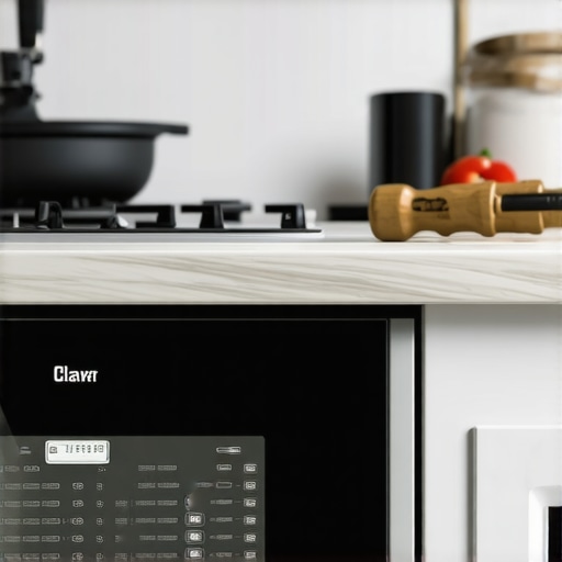 Person adjusting oven calibration screw with screwdriver in a modern kitchen.