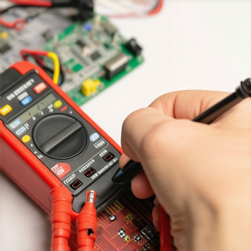 Person testing electrical component of an oven with a digital multimeter.