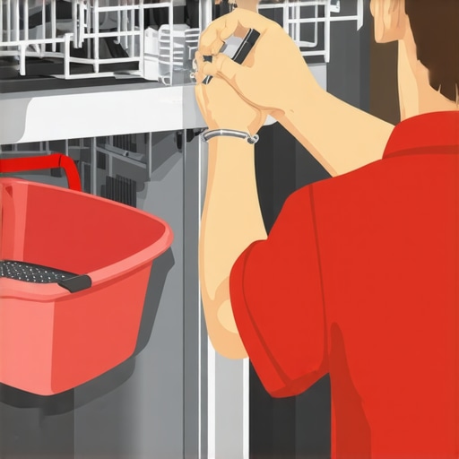 Technician inspecting dishwasher drain filter and hose for blockages.