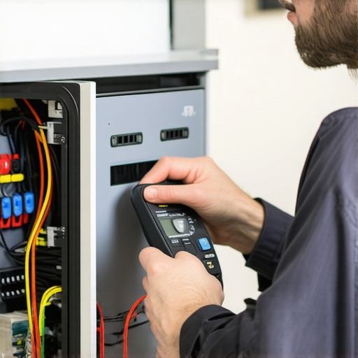 Technician using multimeter on dishwasher wiring to diagnose faults.