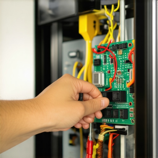 A technician checks an oven's internal control board during repair.