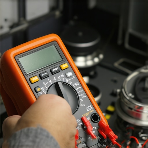 Technician testing dishwasher drain pump with multimeter in a kitchen repair setting