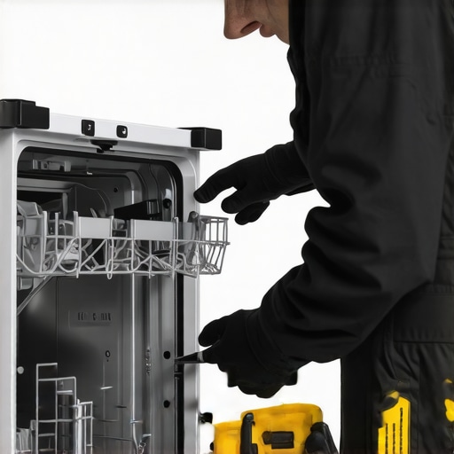 Technician installing a new dishwasher door latch with tools in a kitchen setting.