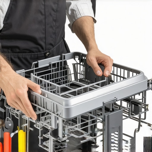 Person installing a new dishwasher basket into an open dishwasher