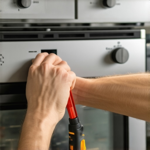 Person replacing oven igniter with screwdriver in kitchen