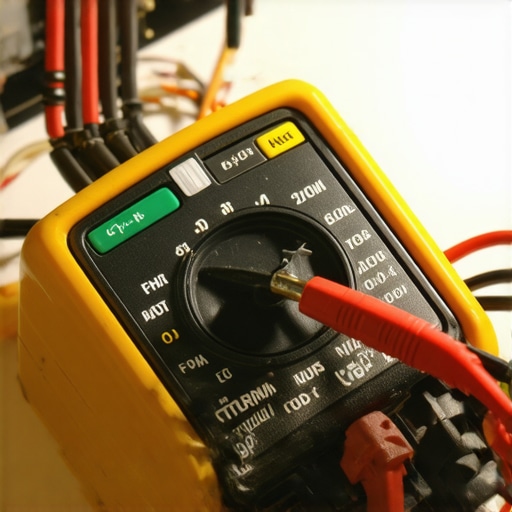 Close-up image of a multimeter probe testing a thermal fuse in a dishwasher, showing electrical contact