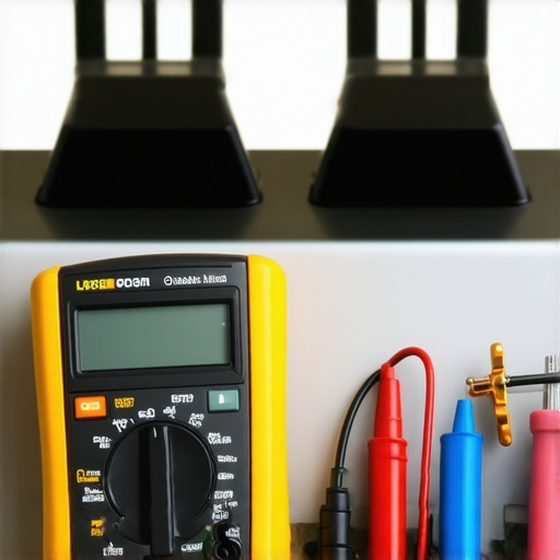 Multimeter testing the resistance of an oven's broil heating element, showing a close-up view of the device and terminals.