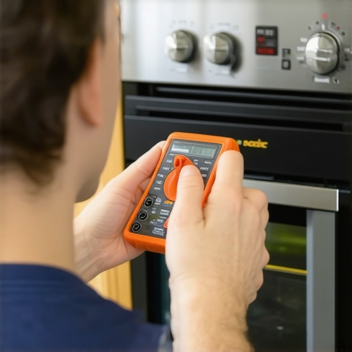 Person testing oven temperature sensor with multimeter in kitchen