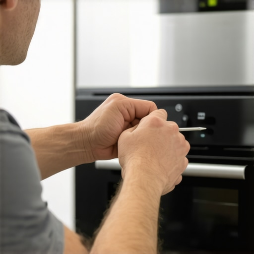 Tightening Oven Handle Screws Person tightening oven handle screws with a Phillips screwdriver in a kitchen.