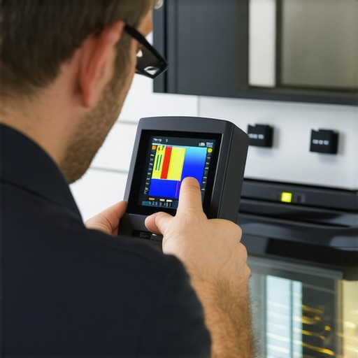Technician diagnosing appliance with thermal imaging for proactive maintenance.