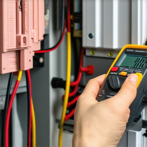 Technician measuring electrical resistance with a multimeter in appliance repair shop