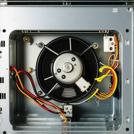 A view of the back of an oven with the cover removed to reveal the cooling fan assembly for repair.