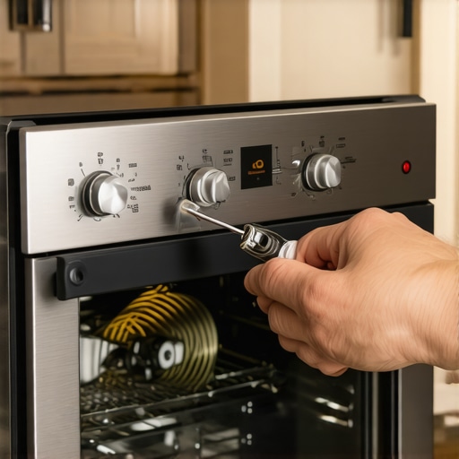 A person removing the top panel of an electric oven to access the internal cooling fan motor.