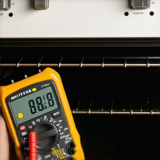 Digital multimeter testing the resistance of an oven heating element to check for electrical failure.