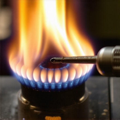 Close-up of a person adjusting the air shutter on a gas oven burner to fix a yellow flame and chemical smell.