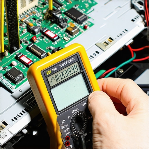 Close up of a burnt component on a dishwasher control board being tested with a multimeter.