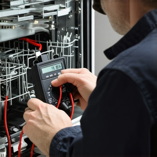 Technician testing a dishwasher high-limit thermostat for continuity using a multimeter.