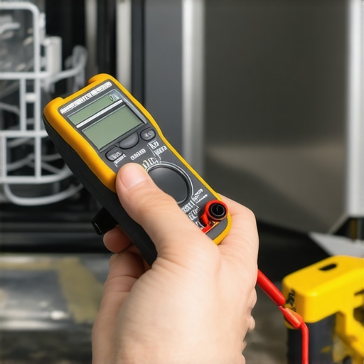 Technician testing a dishwasher turbidity sensor with a multimeter to diagnose cycle failures.