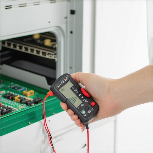 Testing an appliance control board with a multimeter to diagnose faults.