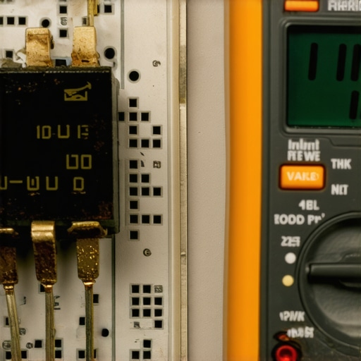 A burnt relay on a green circuit board being tested with a multimeter.