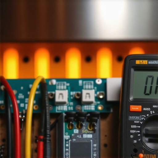 Close-up of a multimeter probe touching a circuit board for oven repair diagnostics.