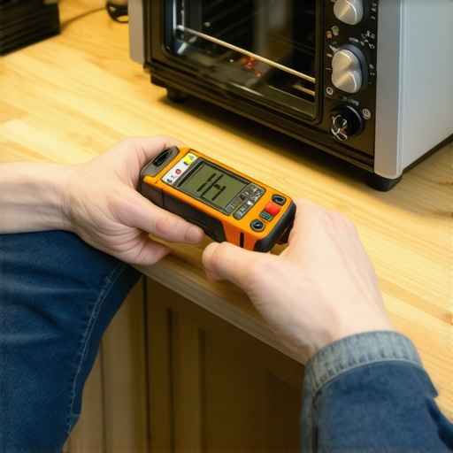 A digital multimeter testing an oven heating element for resistance