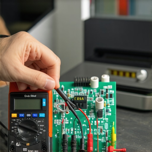 Close up of multimeter probes testing a capacitor on an oven logic board to fix a garbled display.