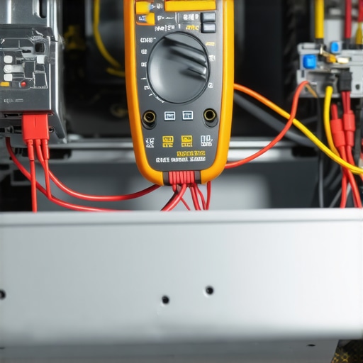 A technician using a multimeter to identify a frayed wire inside a dishwasher chassis.