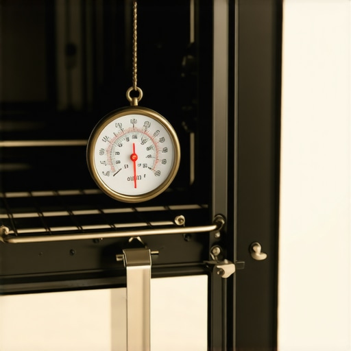 Close-up of an analog oven thermometer on a rack inside an oven