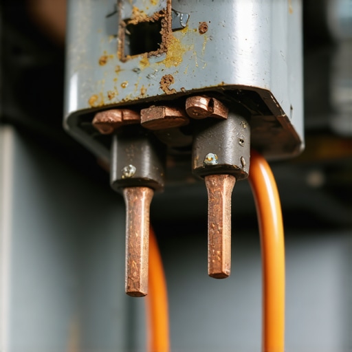Close-up of a damaged and oxidized wire connector on an internal oven cooling fan motor.