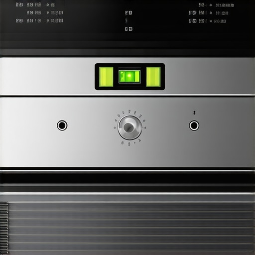 A spirit level resting on an open stainless steel oven door to check for frame alignment.
