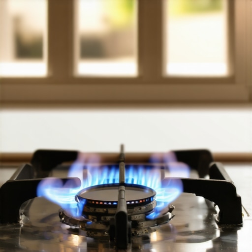 Close-up of a blue gas oven flame with an open window in the background.