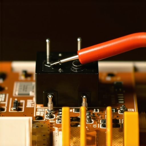 A close-up view of a faulty relay on an oven control board with a multimeter probe.