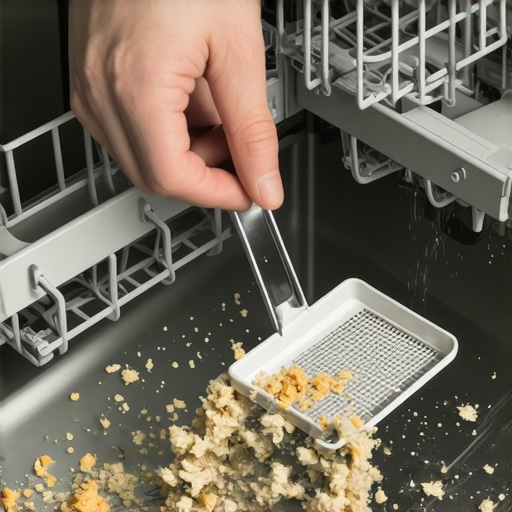 Cleaning a Clogged Dishwasher Filter Hands removing a dirty dishwasher filter to clean out food debris and mineral buildup.