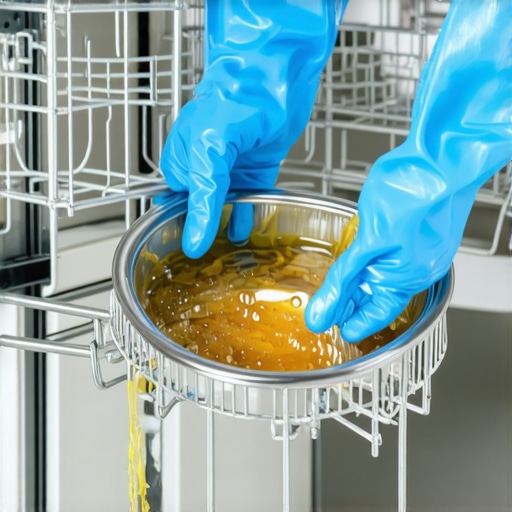 A person removing a dirty dishwasher filter to fix drainage issues.