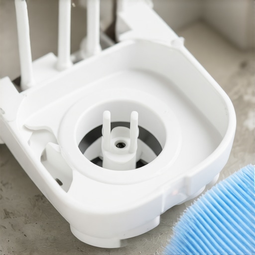 A disassembled dishwasher air gap being cleaned with a small nylon brush to prevent clogs.