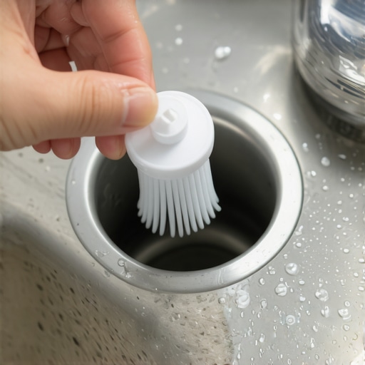 A person scrubbing the inside of a dishwasher air gap with a small brush to remove a clog.
