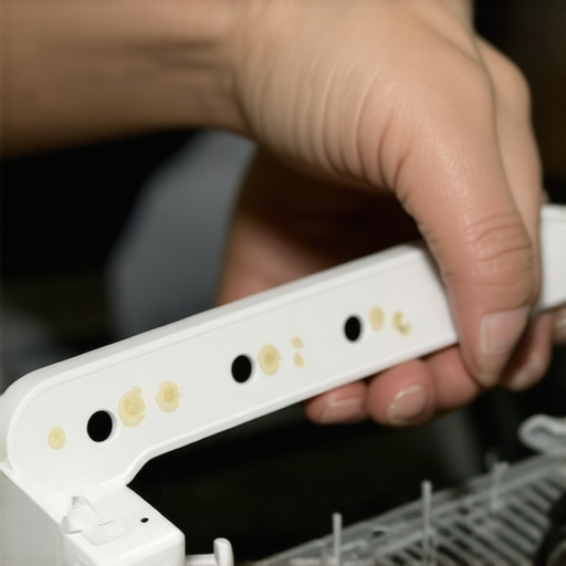 Hands removing a dishwasher spray arm for cleaning and maintenance.