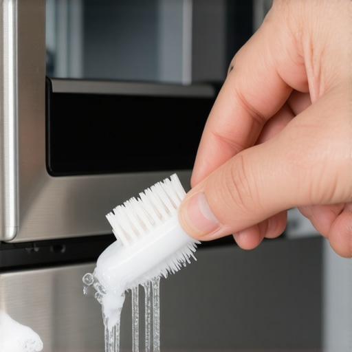 A person scrubbing white soap scum from a dishwasher detergent door hinge with a brush.