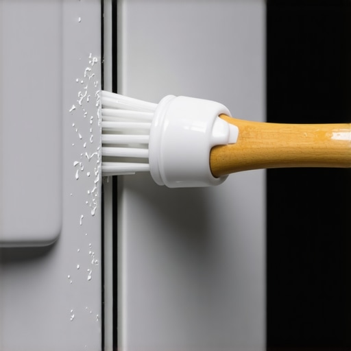 Hands using a toothbrush to scrub soap residue from a dishwasher detergent dispenser door latch.