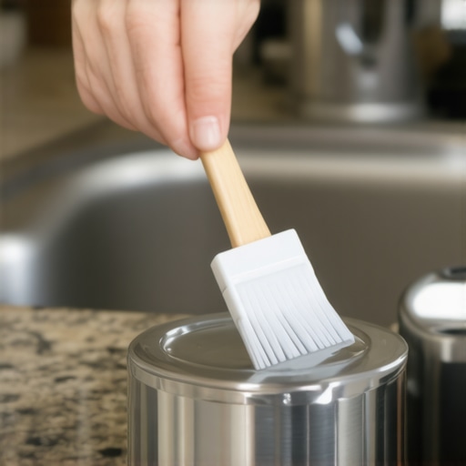 Hands cleaning a plastic dishwasher air gap under a removed chrome cover on a kitchen sink.