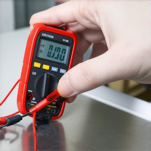 A technician testing a dishwasher high-limit thermostat for continuity with a digital multimeter.