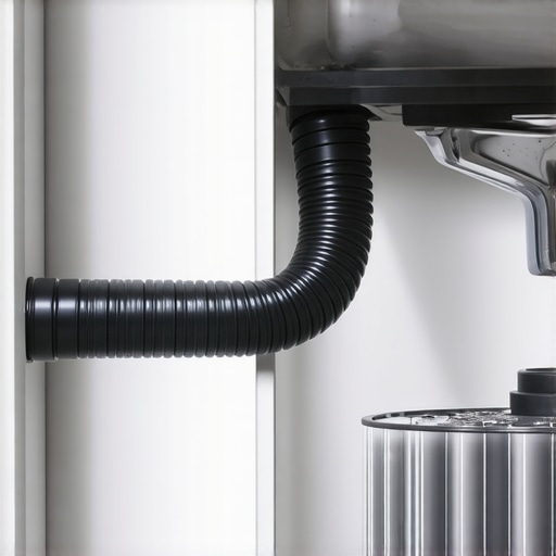 Correct Dishwasher High Loop Installation Close up of dishwasher drain hose under sink showing a high loop to prevent backflow