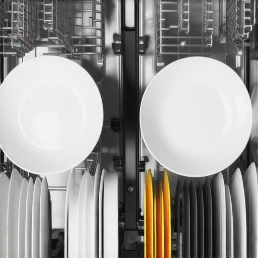 A top-down view of a dishwasher bottom rack with dishes properly angled toward the center spray arm.