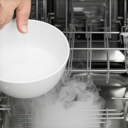 A close up shot of a dishwasher top rack with a bowl of vinegar for descaling.